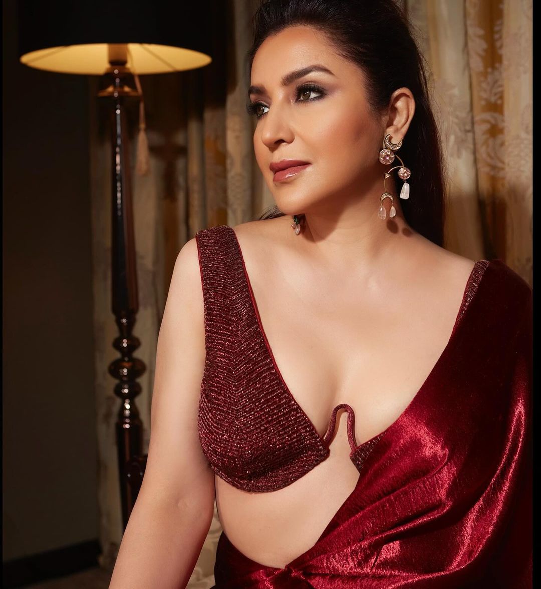 Bollywood Actress Tisca Chopra in Sleeveless Maroon Saree